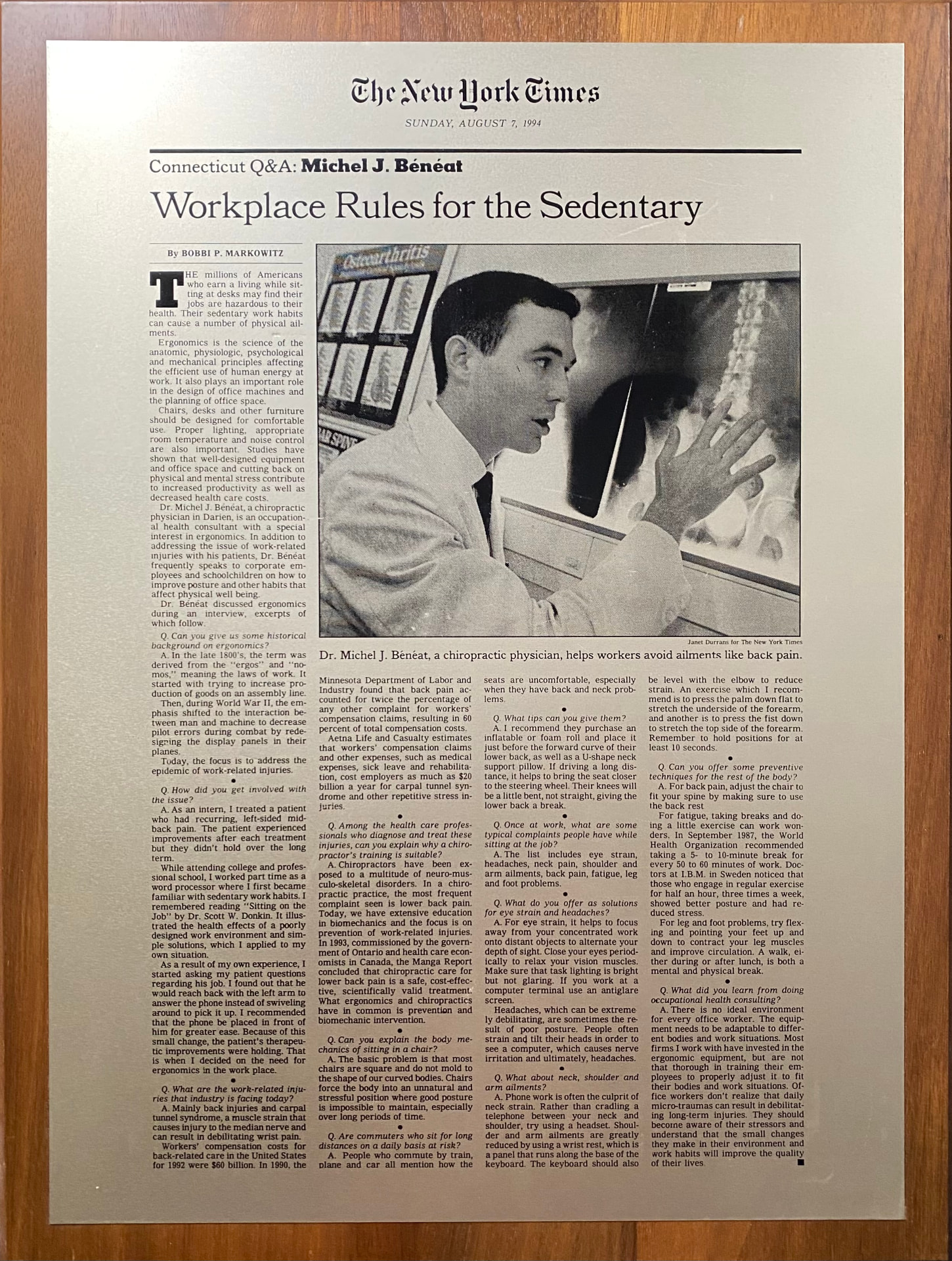 The New York Times, August 7, 1994 — Connecticut Q&A with Dr. Michel J. Bénéat, 'Workplace Rules for the Sedentary'