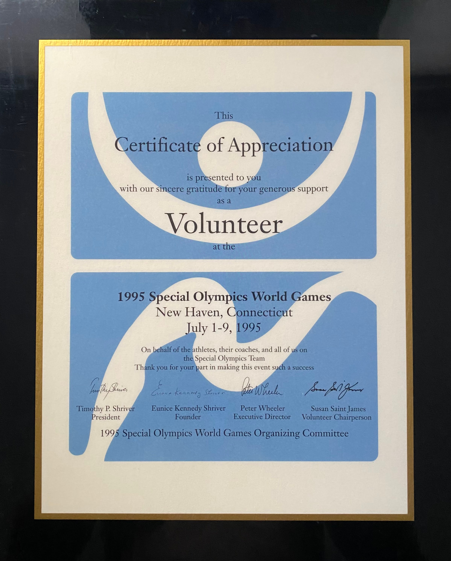 Certificate of Appreciation, Volunteer at the 1995 Special Olympics World Games in New Haven, Connecticut